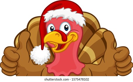 Turkey Christmas or Thanksgiving Holiday cartoon character wearing a Santa Claus hat, peeking over a sign and giving thumbs up