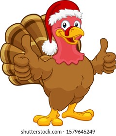 Turkey Christmas or Thanksgiving Holiday cartoon character wearing a Santa Claus hat and giving a thumbs up