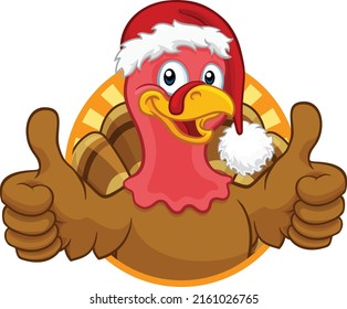 Turkey Christmas or Thanksgiving Holiday cartoon character wearing a Santa Claus hat