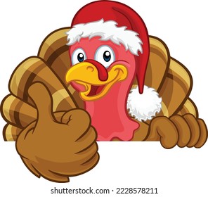 Turkey Christmas or Thanksgiving Holiday cartoon character wearing a Santa Claus hat, peeking over a sign and giving thumbs up