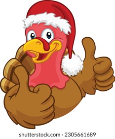 Turkey Christmas or Thanksgiving Holiday cartoon character wearing a Santa Claus hat