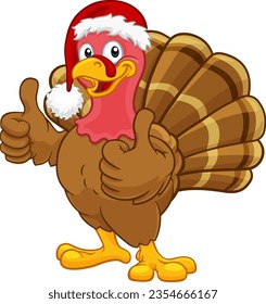 Turkey Christmas or Thanksgiving Holiday cartoon character wearing a Santa Claus hat and giving a thumbs up