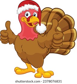 Turkey Christmas or Thanksgiving Holiday cartoon character wearing a Santa Claus hat and giving a thumbs up