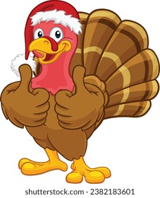 Turkey Christmas or Thanksgiving Holiday cartoon character wearing a Santa Claus hat