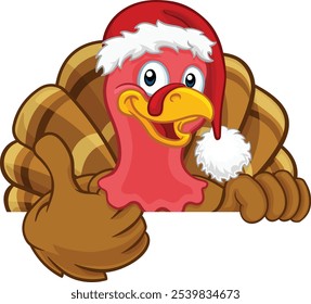 Turkey Christmas or Thanksgiving Holiday cartoon character wearing a Santa Claus hat, peeking over a sign and giving thumbs up