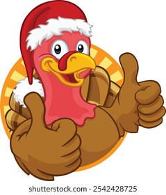 Turkey Christmas or Thanksgiving Holiday cartoon character wearing a Santa Claus hat