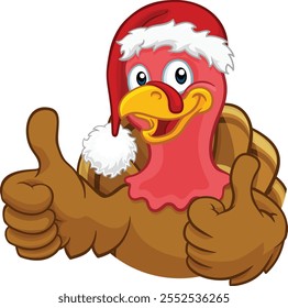 Turkey Christmas or Thanksgiving Holiday cartoon character wearing a Santa Claus hat and giving a thumbs up