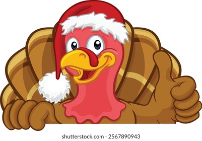 Turkey Christmas or Thanksgiving Holiday cartoon character wearing a Santa Claus hat, peeking over a sign and giving thumbs up