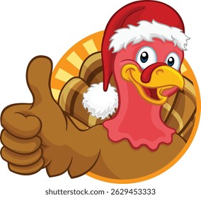 Turkey Christmas or Thanksgiving Holiday cartoon character wearing a Santa Claus hat