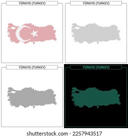 Türkiye (Turkey) Circular Mosaic Brick Dotted Map, Set of National Flag Color, Black Silhouette Country Boundary Isolated on White Background, Geographic Vector Illustration