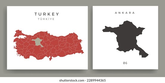 Turkey cities map provinces red vector illustration. Perfect for backgrounds, social media, education, chart etc. Capital Ankara city highlighted on turkey map.