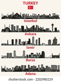 Turkey cities skylines silhouettes vector set