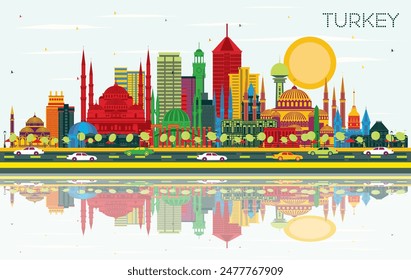 Turkey City Skyline with Color Buildings, Blue Sky and Reflections. Vector Illustration. Tourism Concept with Historic Architecture. Turkey Cityscape with Landmarks. Izmir. Ankara. Istanbul.