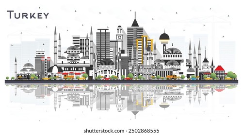 Turkey City Skyline with Color Buildings and reflections Isolated on White. Vector Illustration. Tourism Concept with Historic Architecture. Turkey Cityscape with Landmarks. Izmir. Ankara. Istanbul. 