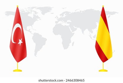 Turkey and civil Spain flags for official meeting against background of world map.