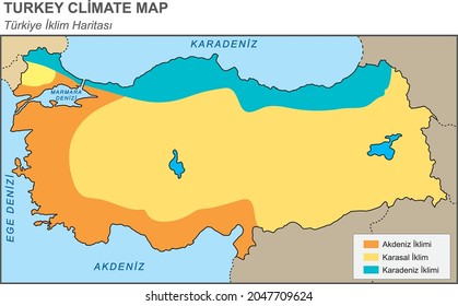 turkey climate map (Mediterranean climate, continental climate and black sea climate)
