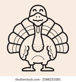 Turkey Cock outline icon with dewlap, wings, fanning tail feathers and happy face. Cute vector turkey line art iconic illustration