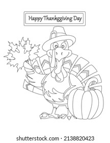 Turkey coloring book page. Black and white outlines. Thanksgiving easy coloring book page for children.