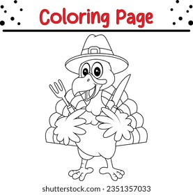 Turkey Coloring page for kids. Happy farm animal coloring book.