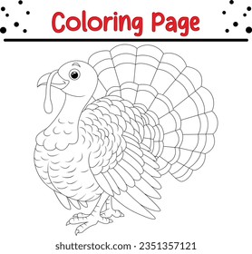 Turkey Coloring page for kids. Happy farm animal coloring book.