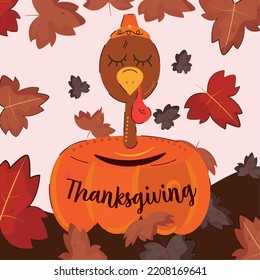 Turkey comming out of a pumpkin happy thanksgiving day Vector