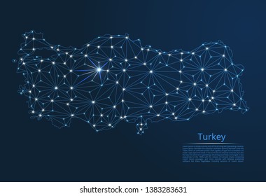Turkey communication network map. Vector low poly image of a global map with lights in the form of cities in or population density consisting of points and shapes in the form of stars and space.