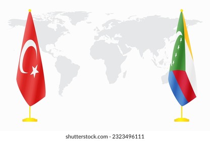 Turkey and Comoros flags for official meeting against background of world map.