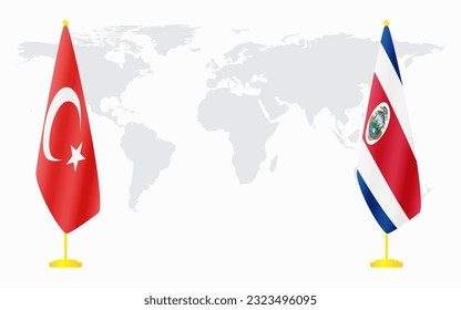 Turkey and Costa Rica flags for official meeting against background of world map.