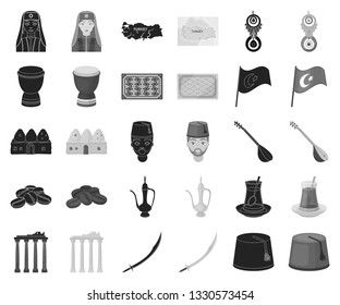 Turkey country black,monochrome icons in set collection for design.Travel and attractions vector symbol stock web illustration.