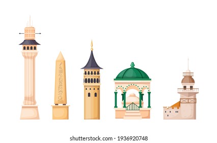 Edificios rurales de Turquía. Beyazit, torre, torre de la doncella, obelisco egipcio en Estambul. Famosa torre Galata en Estambul. Fuente alemana de Estambul en el vector de la plaza Sultanahmet