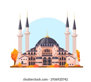 Edificios rurales de Turquía. Monumento al arte bizantino de la Catedral de Santa Sofía. Destinos de viaje de Estambul. Concepto de viaje para la ilustración de vectores de dibujos animados de Asia