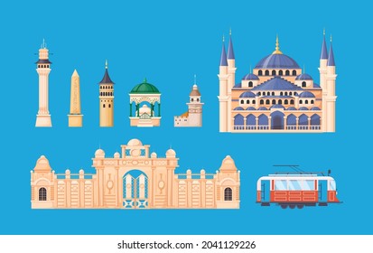 Turkey country buildings landmarks. Turkey vacation landmarks buildings, towers, blue Mosque, tram, Dolmabahce castle. Istanbul travel destinations. Travel concept for Asia cartoon vector illustration