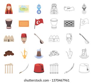 Turkey country cartoon,outline icons in set collection for design.Travel and attractions vector symbol stock web illustration.