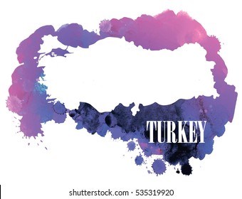 Turkey. Country circuit. Vector drawing on the background of watercolor paint stains .