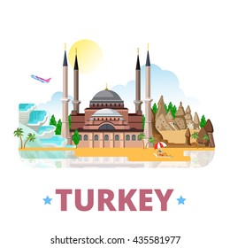 Turkey country design template. Flat cartoon style historic sight showplace web site vector illustration. World travel sightseeing Asia Asian collection. Pamukkale Cappadocia Hagia Sophia in Istanbul.