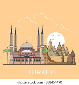 Turkey country design template. Linear Flat famous historic sight; cartoon style web site vector illustration. World travel and showplace in Asia, Asian vacation collection