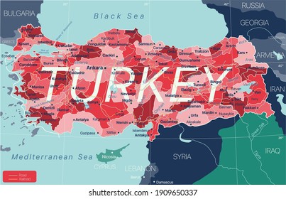 Turkey country detailed editable map with regions cities and towns, roads and railways, geographic sites. Vector EPS-10 file