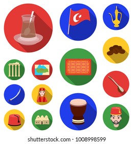 Turkey country flat icons in set collection for design.Travel and attractions vector symbol stock web illustration.