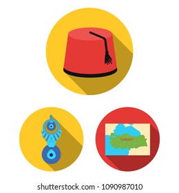 Turkey country flat icons in set collection for design.Travel and attractions vector symbol stock web illustration.