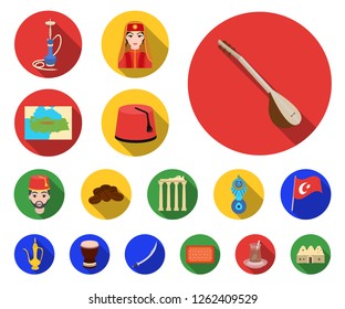 Turkey country flat icons in set collection for design.Travel and attractions vector symbol stock web illustration.