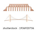 Turkey country landmarks. Famous landmark Bosphorus bridge in Istanbul. Bridge connecting Europe and Asia. Roman aqueduct major water-providing system of Eastern Roman capital of Constantinople vector