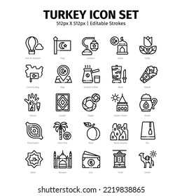 Turkey Country Line Icon Set. Editable Stroke