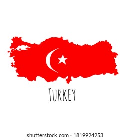Turkey country map vector illustration colored like a Turkish flag and bearing the word "TURKEY"