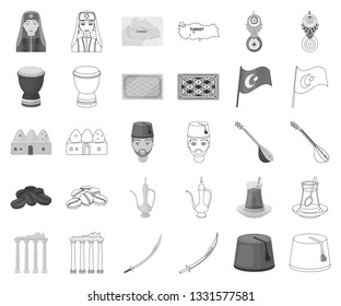 Turkey country monochrome,outline icons in set collection for design.Travel and attractions vector symbol stock web illustration.