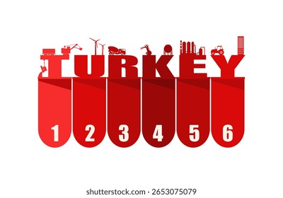 Turkey country name with energy generation , power supply, technology and industry relative icons. Six features or option of project to select. Infographic for business information visualization.