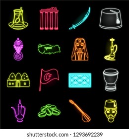 Turkey country neon icons in set collection for design.Travel and attractions vector symbol stock web illustration.