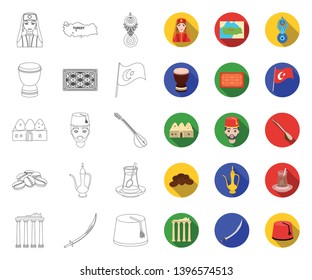 Turkey country outline,flat icons in set collection  design.Travel and attractions vector symbol stock web illustration.