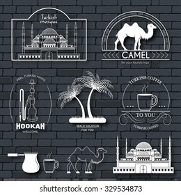 Turkey country set label. Template of emblem element for your product or design, web and mobile applications with text. Vector illustration with thin lines isolated icons on stamp symbol