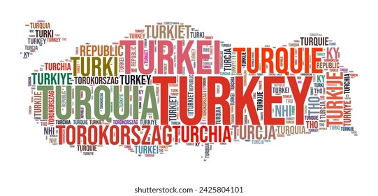 Turkey country shape word cloud. Typography style country illustration. Turkey image in text cloud style. Vector illustration.