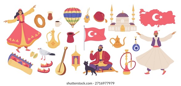 Turkey country traditional elements. Middle east culture symbols and products, national food, clothing and architecture, folk dancers, heritage and traditions garish vector cartoon flat isolated set